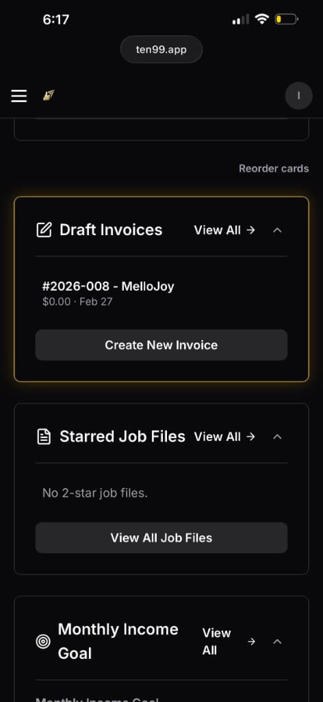 Draft Invoices and Starred Job Files cards