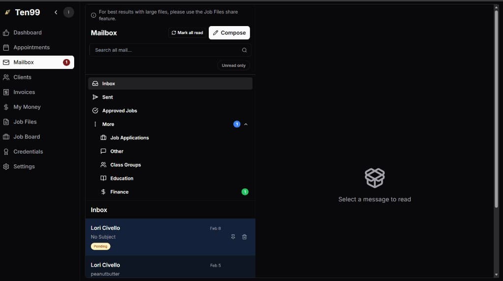 Mailbox inbox and folders